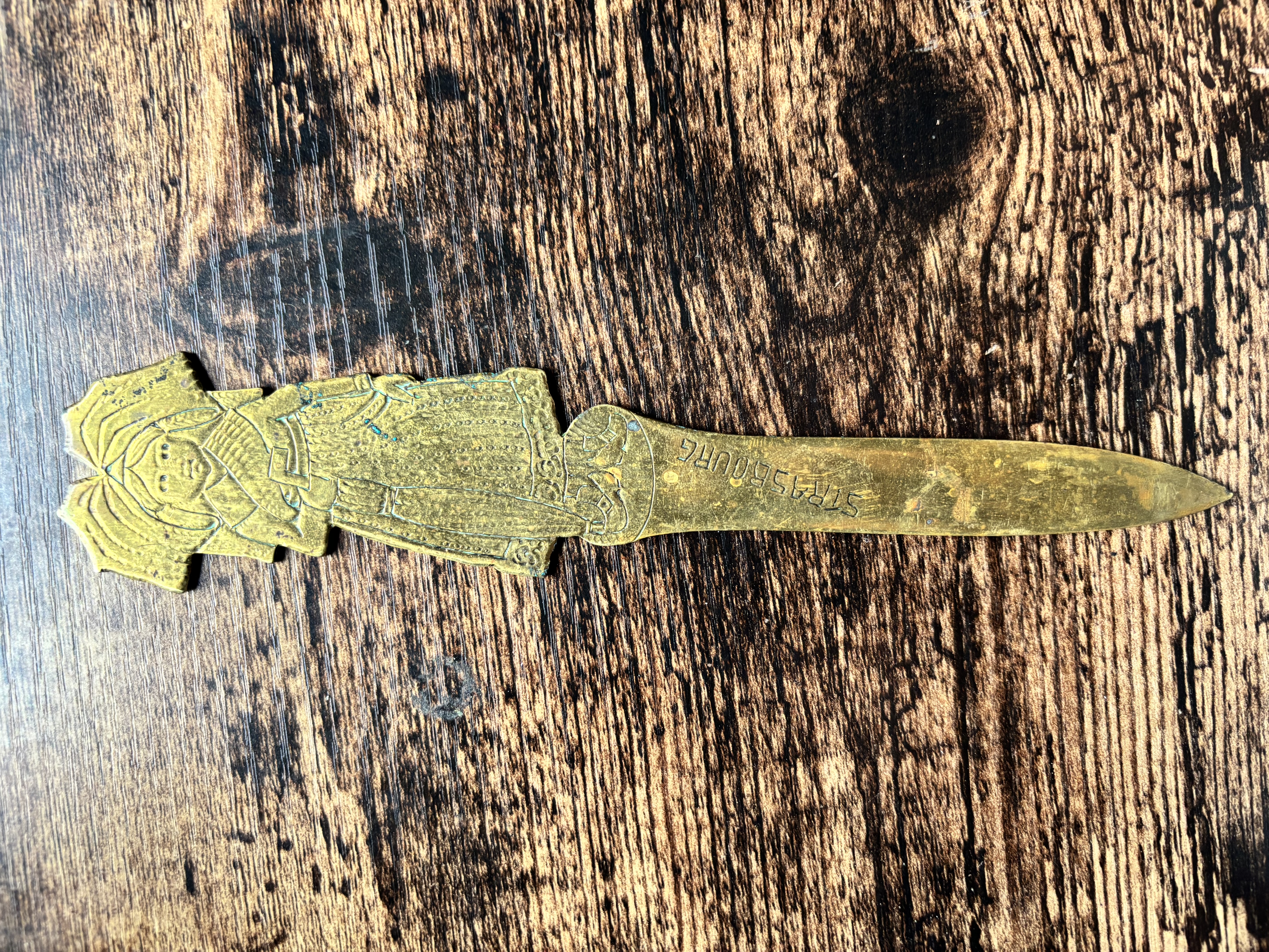 Vintage Brass Strasbourg “Desk Dagger” Letter Opener (Decorative) – 8.5” France Souvenir